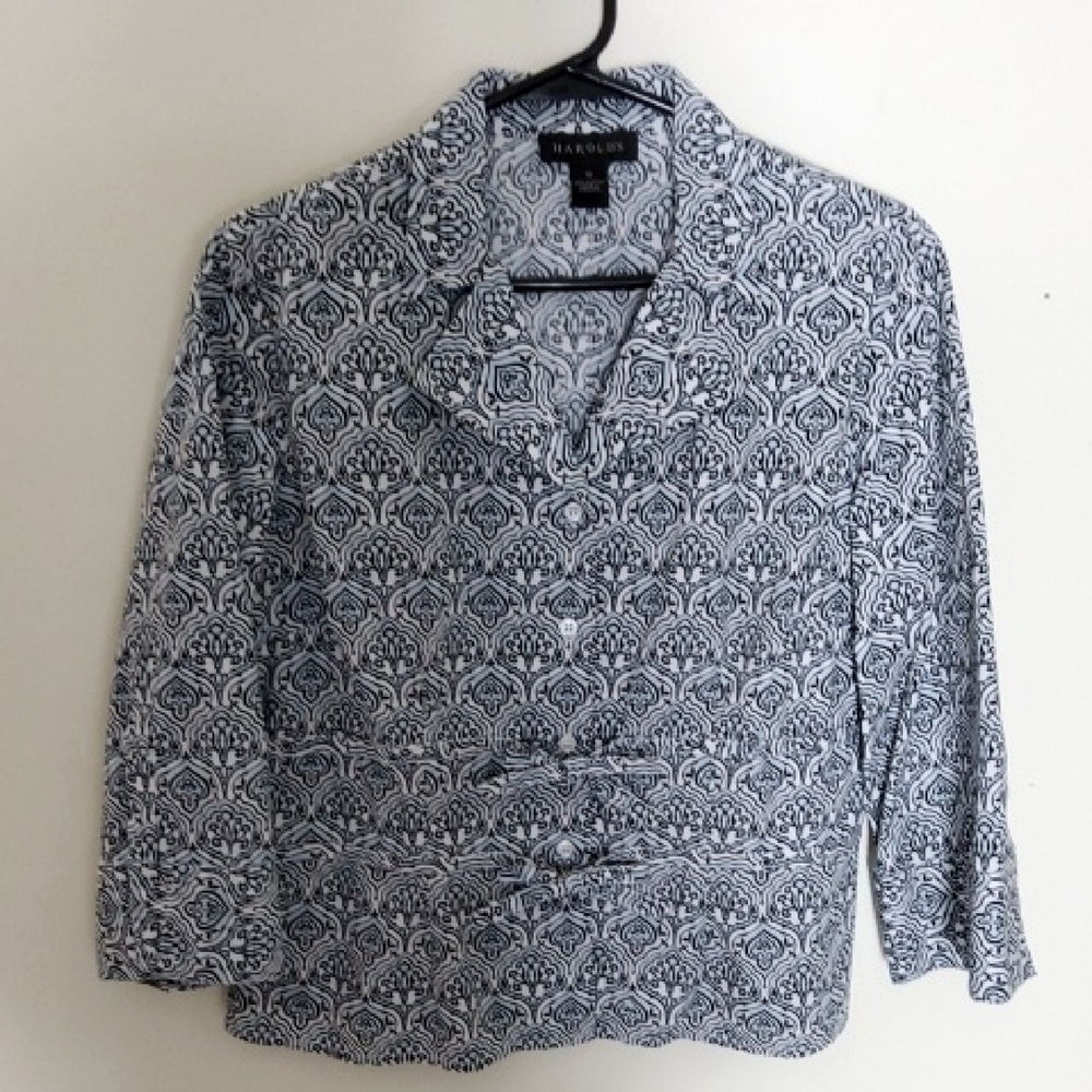 Harolds Byzantine Print Button-up  Top  Blue/ White 100% Cotton Size 10